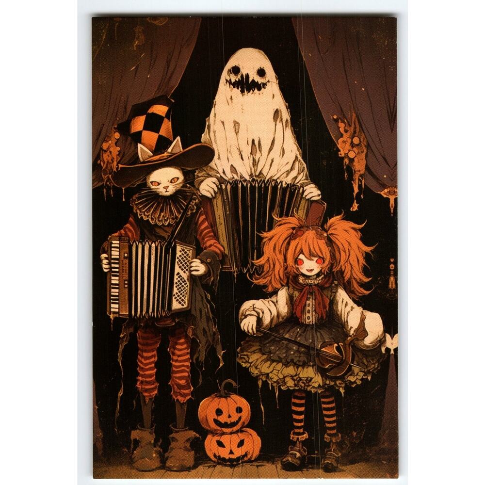 Vintage Halloween Postcard with Ghost, Cat, and Doll in Costume